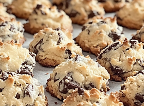 Almond Joy cookies with coconut, chocolate chips, and almonds baked to golden perfection on a tray.