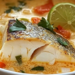 Coconut Lime Fish Soup in a bowl, garnished with fresh cilantro and a lime wedge, showcasing creamy broth and tender fish.