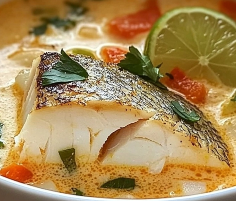 Coconut Lime Fish Soup in a bowl, garnished with fresh cilantro and a lime wedge, showcasing creamy broth and tender fish.