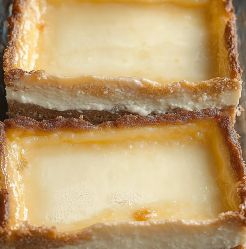 Creamy cheese bars in a glass baking dish with a golden crust and smooth, baked cheese filling.