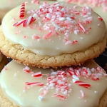 Peppermint Cheesecake Cookies topped with creamy frosting, crushed peppermint candies, and pink drizzle.