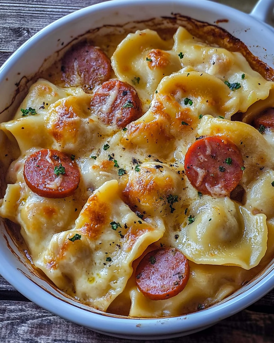 Crockpot Pierogi Casserole with Kielbasa served in a bowl, topped with fresh parsley, perfect for a cozy winter dinner