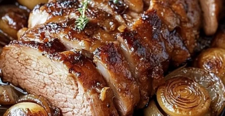 Rôti de porc aux oignons caramélisés et thym