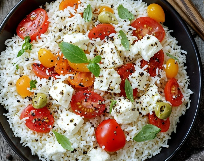 Bol méditerranéen de riz, tomates cerises et feta