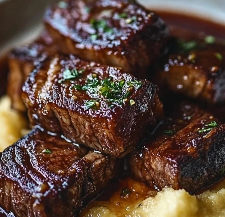 Côtes de bœuf braisées au vin rouge et purée