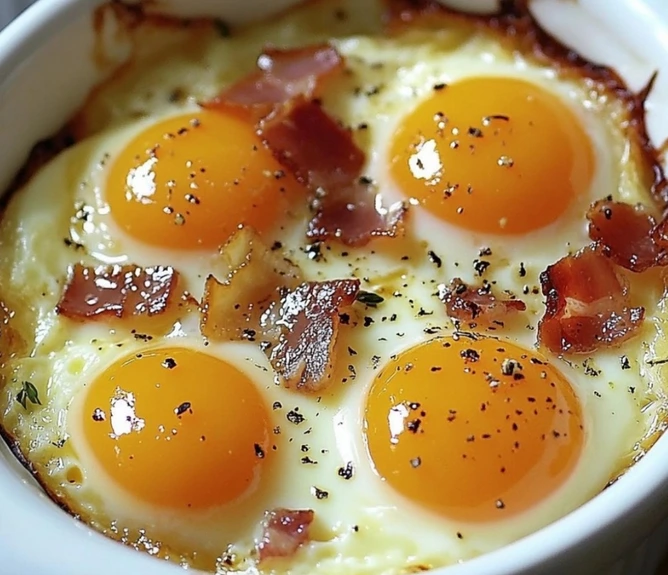 Œufs cocotte au chèvre et aux lardons