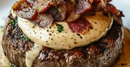 Pommes de terre farcies au steak, sauce crémeuse et bacon