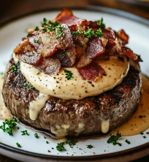 Pommes de terre farcies au steak, sauce crémeuse et bacon