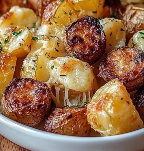 Pommes de terre rôties aux saucisses et fromage