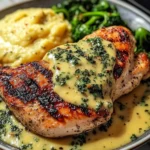 Poulet grillé sauce crémeuse au poivre purée et légumes verts
