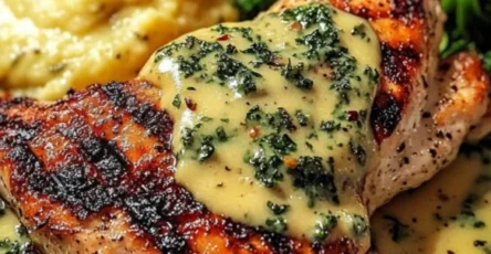 Poulet grillé sauce crémeuse au poivre purée et légumes verts