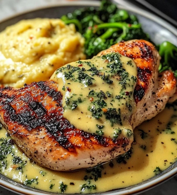 Poulet grillé sauce crémeuse au poivre purée et légumes verts