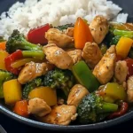 Poulet sauté aux légumes et riz blanc