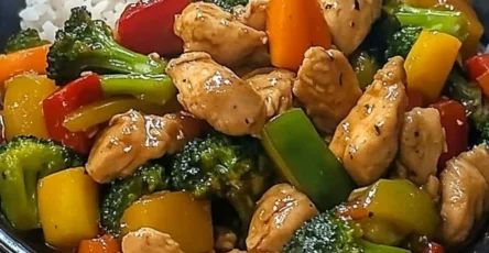 Poulet sauté aux légumes et riz blanc