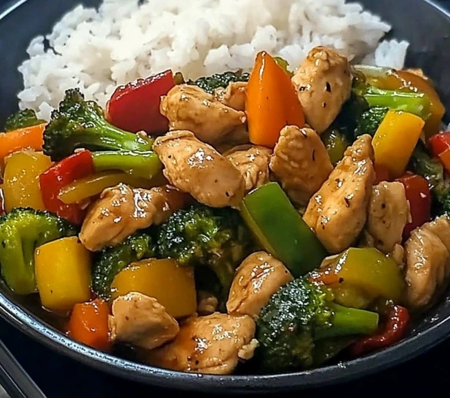 Poulet sauté aux légumes et riz blanc