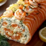 Roulé de saumon fumé au fromage frais crevettes et aneth