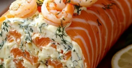 Roulé de saumon fumé au fromage frais crevettes et aneth