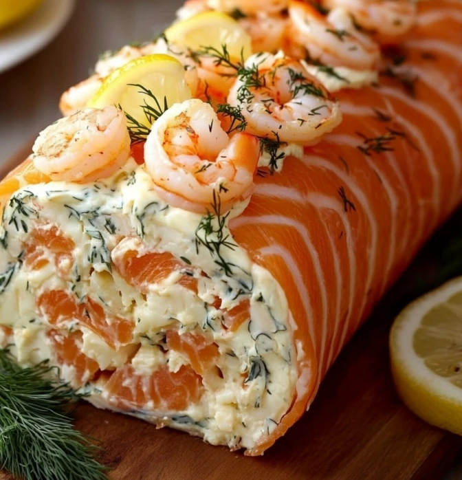 Roulé de saumon fumé au fromage frais crevettes et aneth