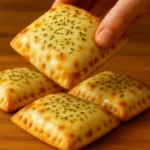 euilletés dorés à la pâte croustillante, garnis de sauce tomate et recouverts de fromage fondant gratiné, saupoudrés d’origan séché