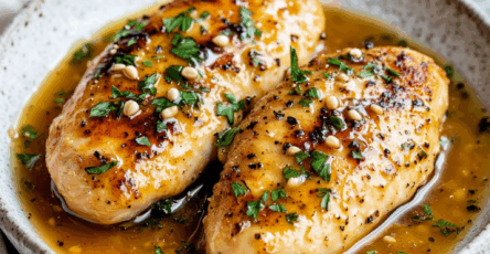 Poitrines de poulet dorées avec une sauce à l’ail et au citron