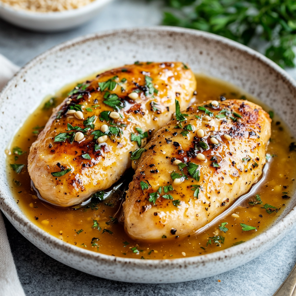 Poitrines de poulet dorées avec une sauce à l’ail et au citron