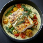 Dos de cabillaud rôti, sauce crémeuse aux herbes et petits légumes