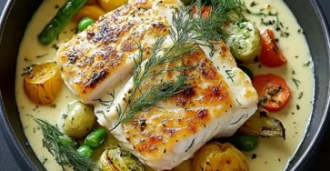 Dos de cabillaud rôti, sauce crémeuse aux herbes et petits légumes