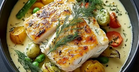 Dos de cabillaud rôti, sauce crémeuse aux herbes et petits légumes