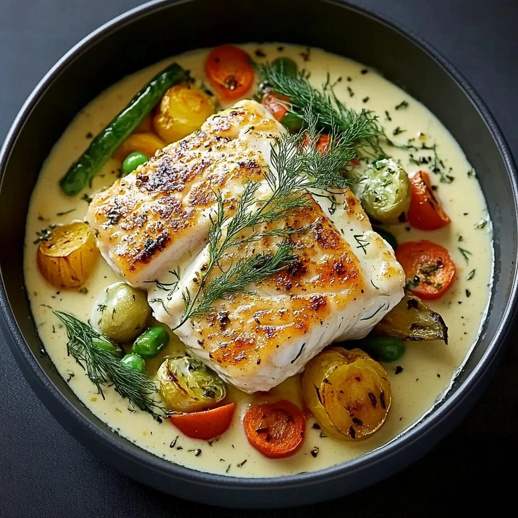 Dos de cabillaud rôti, sauce crémeuse aux herbes et petits légumes