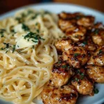 Poulet au beurre citronné et à l'ail, servi avec des linguines crémeuses au parmesan