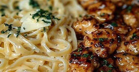 Poulet au beurre citronné et à l'ail, servi avec des linguines crémeuses au parmesan