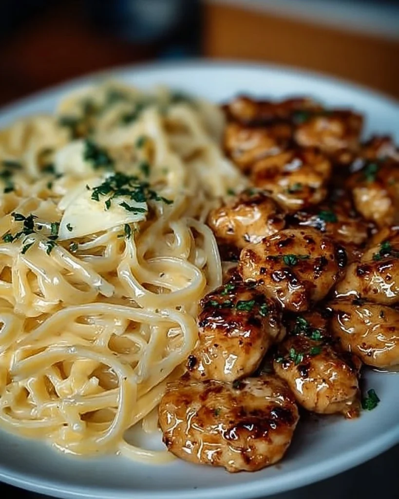 Poulet au beurre citronné et à l'ail, servi avec des linguines crémeuses au parmesan