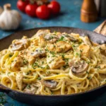 Pâtes crémeuses au poulet et aux champignons.