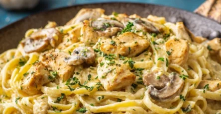 Pâtes crémeuses au poulet et aux champignons.