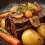 Rôti de bœuf mijoté aux légumes pommes de terre et carottes