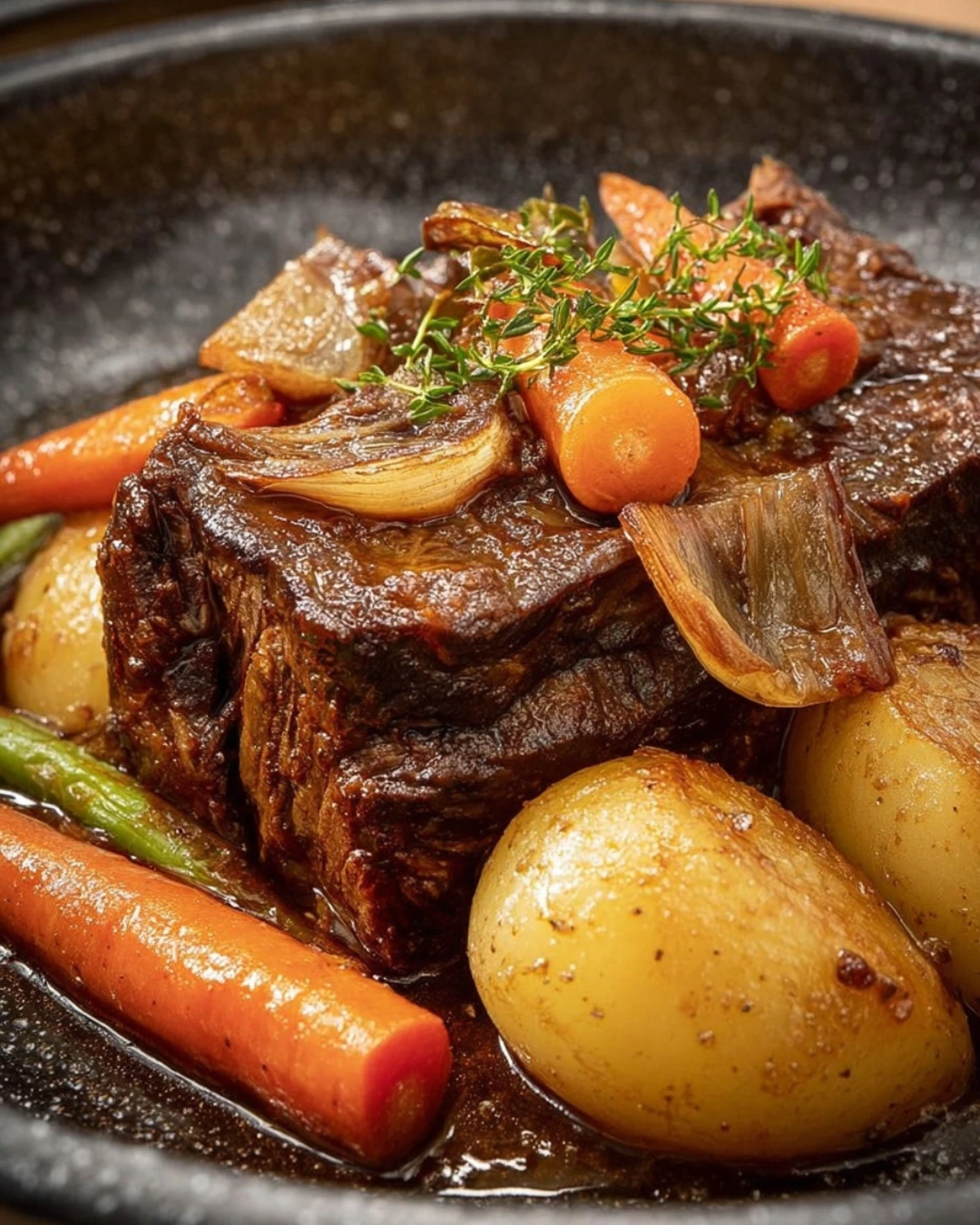Rôti de bœuf mijoté aux légumes pommes de terre et carottes
