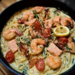 Pâtes aux scampis, crevettes et saumon