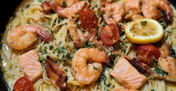 Pâtes aux scampis, crevettes et saumon