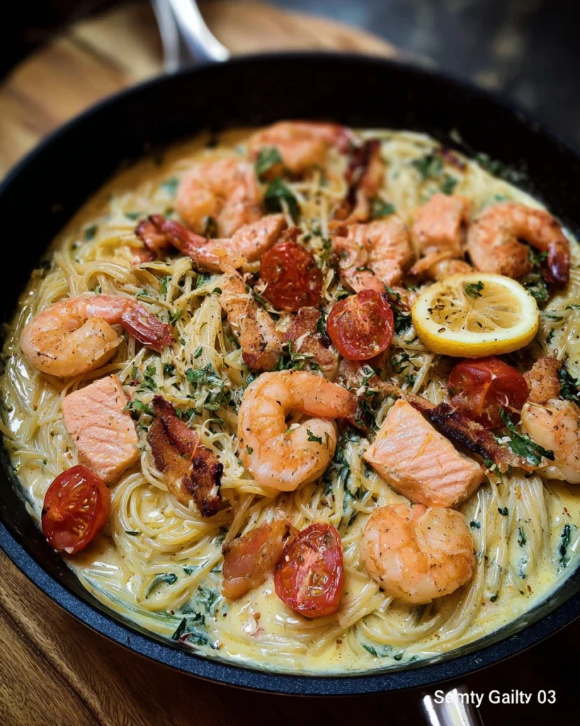 Pâtes aux scampis, crevettes et saumon