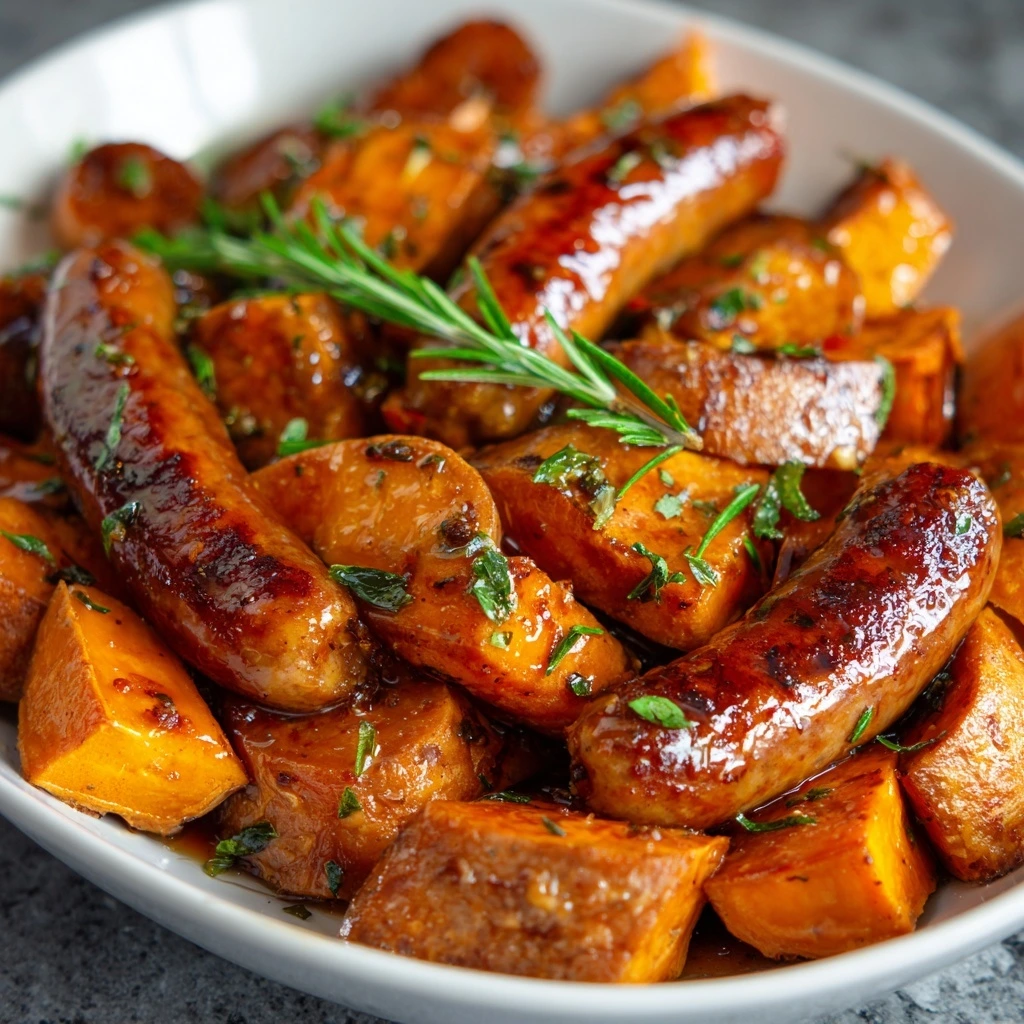 Saucisses Rôties aux Patates Douces Caramélisées