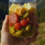 Apéritif au fromage mariné facile avec salami et cornichons