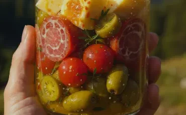 Apéritif au fromage mariné facile avec salami et cornichons