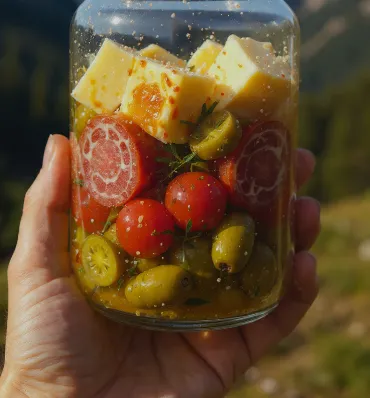 Apéritif au fromage mariné facile avec salami et cornichons