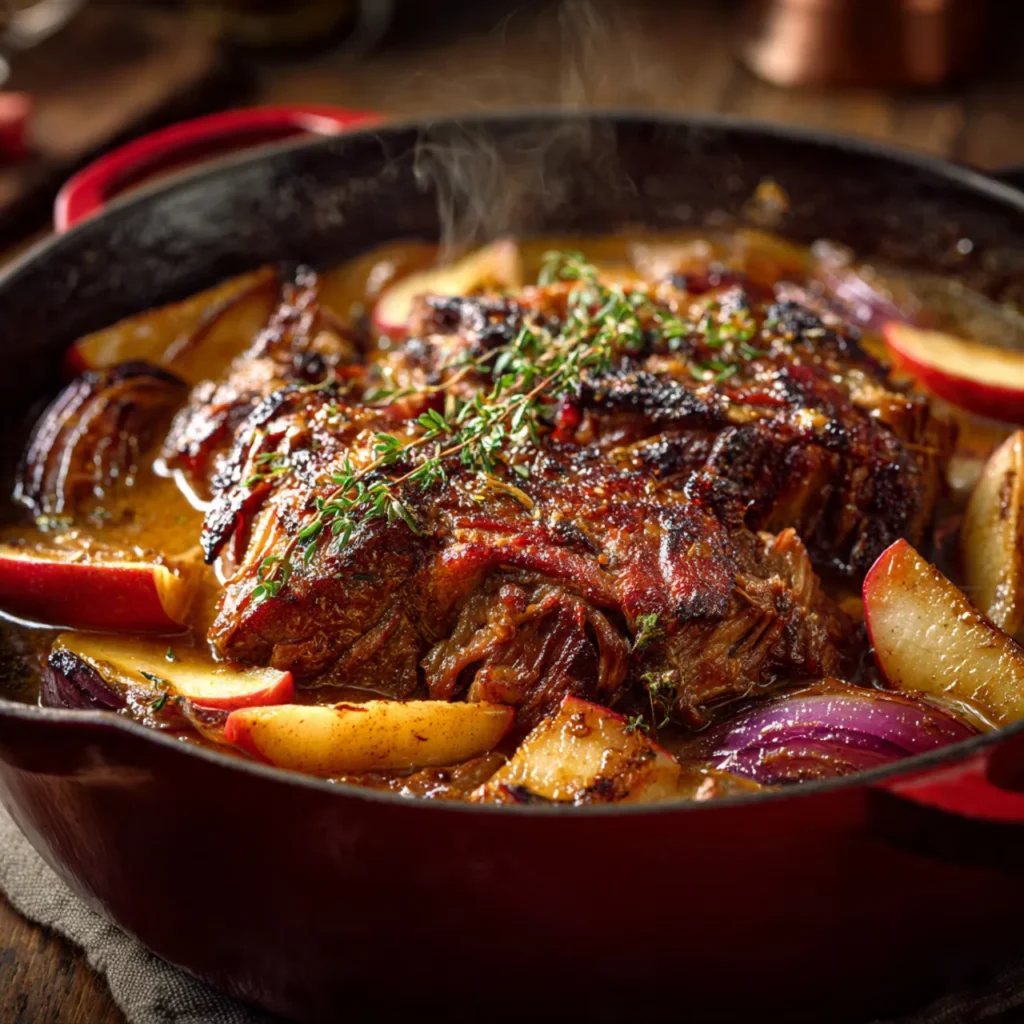 Épaule de porc braisée lentement dans une riche sauce au cidre de pomme