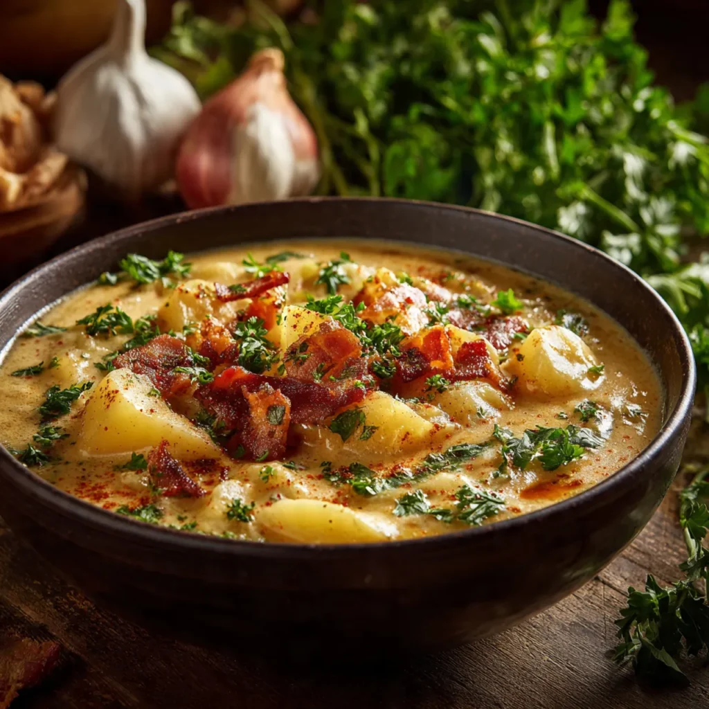 Soupe rustique de pommes de terre et carottes aux lardons