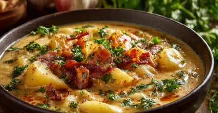 Soupe rustique de pommes de terre et carottes aux lardons