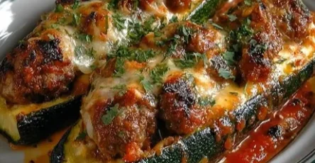 Courgettes farcies gratinées à la viande et sauce tomate fondante