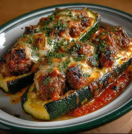 Courgettes farcies gratinées à la viande et sauce tomate fondante